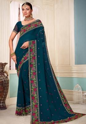 Teal Blue Embroidery Georgette Saree Set