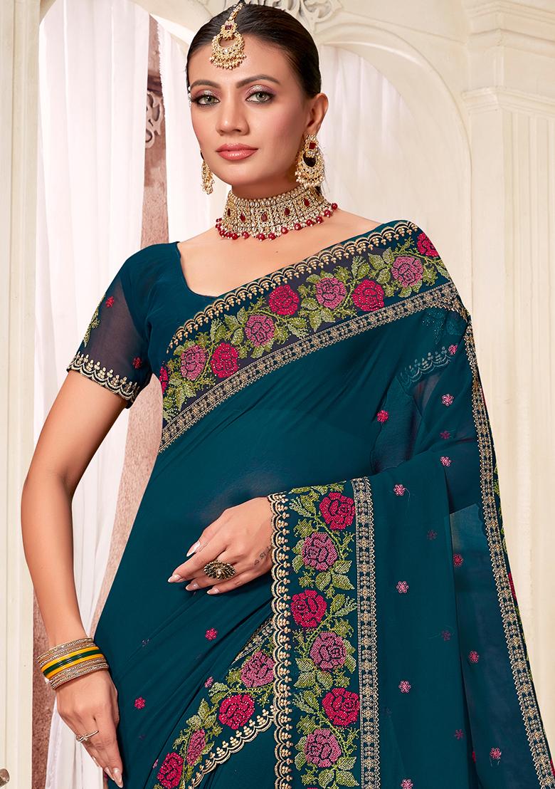 Teal Blue Embroidery Georgette Saree Set - Indya
