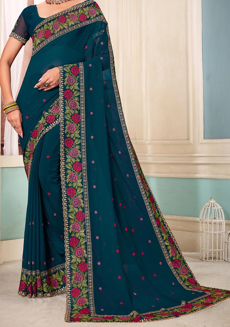Teal Blue Embroidery Georgette Saree Set - Indya