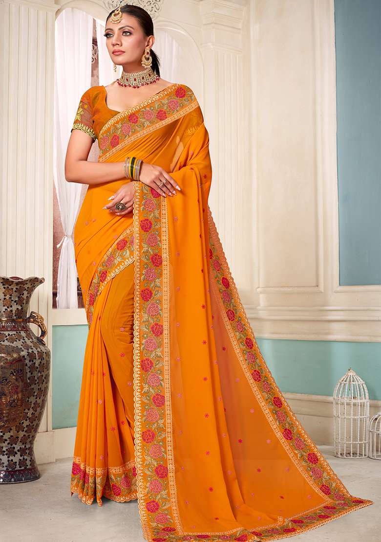 Mustard Embroidery Georgette Saree Set for Diwali and Festive Wear - Indya