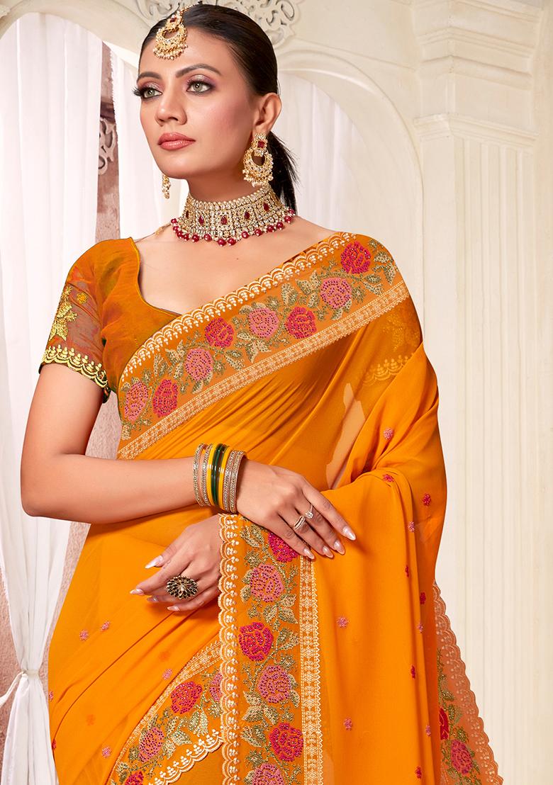Mustard Embroidery Georgette Saree Set - Indya