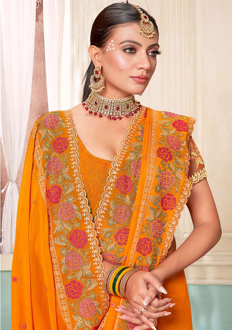 Mustard Embroidery Georgette Saree Set for Diwali and Festive Wear - Indya