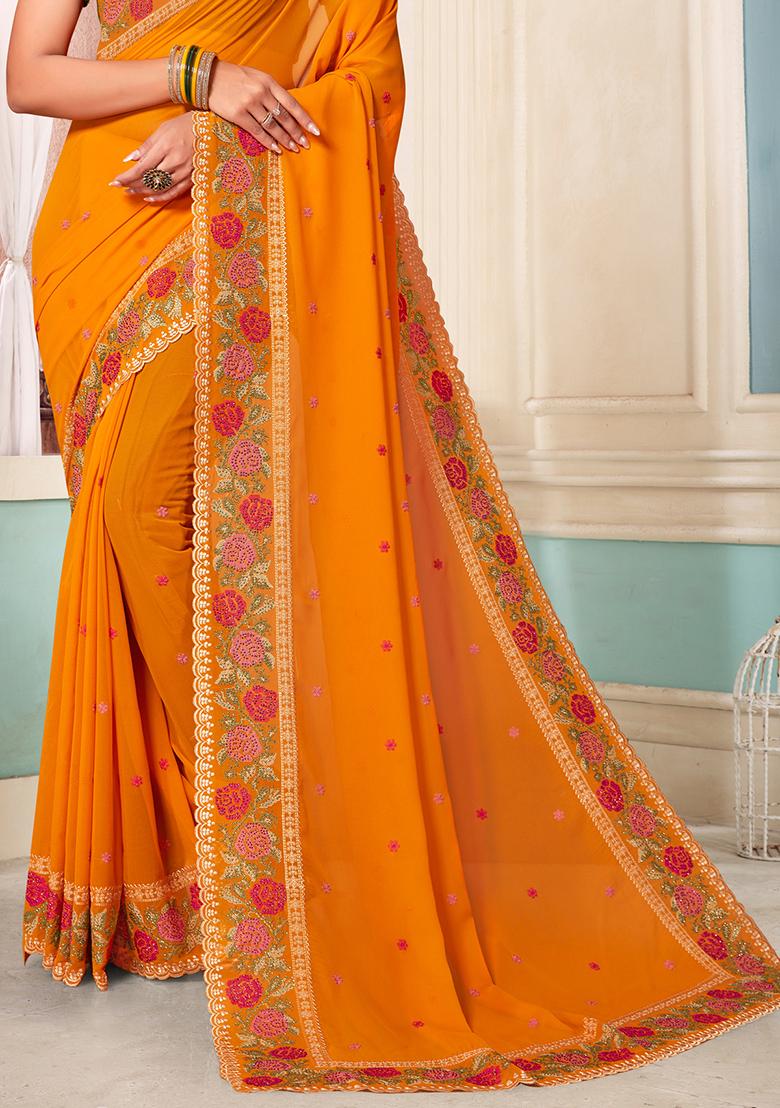 Mustard Embroidery Georgette Saree Set - Indya