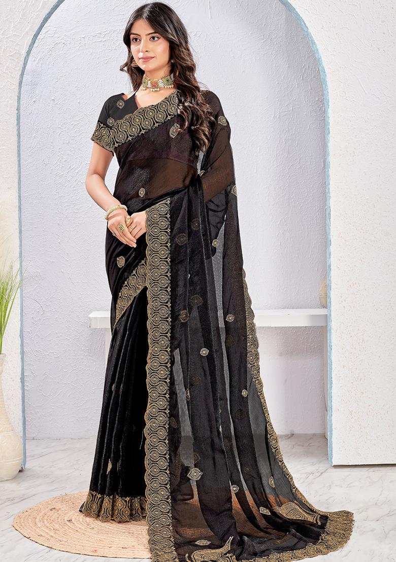 Black Sequence Work Silk Saree Set - Indya