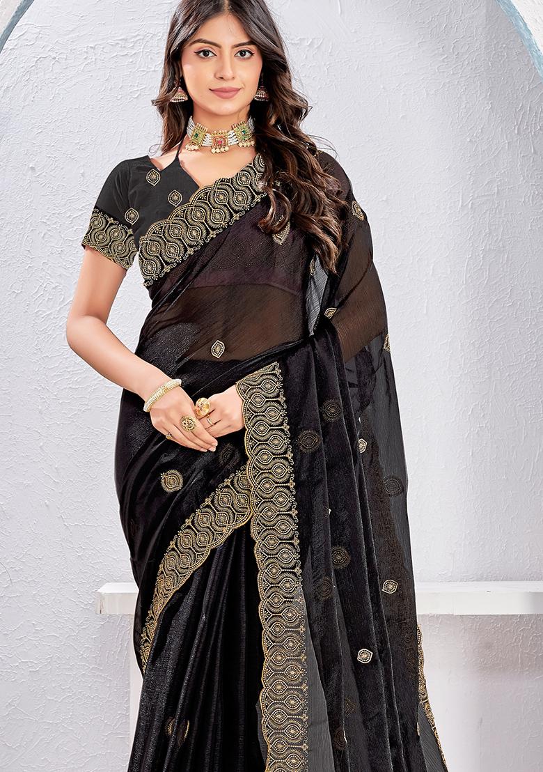 Black Sequence Work Silk Saree Set - Indya
