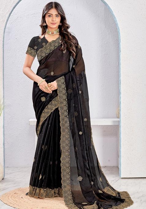 Black Sequence Work Silk Saree Set