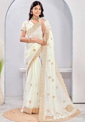 White Sequence Work Silk Saree Set