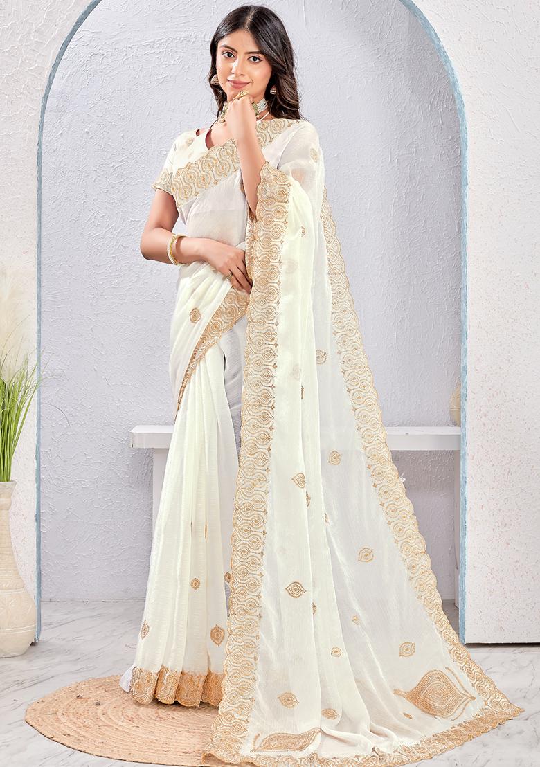White Sequence Work Silk Saree Set - Indya