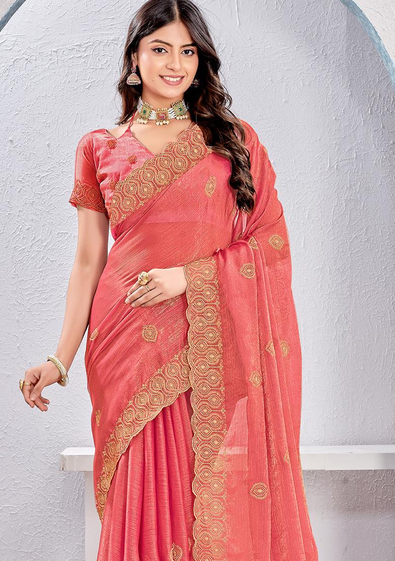 Pink Sequence Work Silk Saree Set - Indya