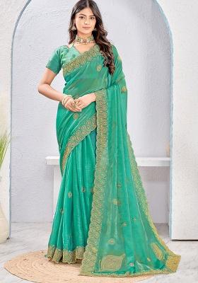 Green Sequence Work Silk Saree Set