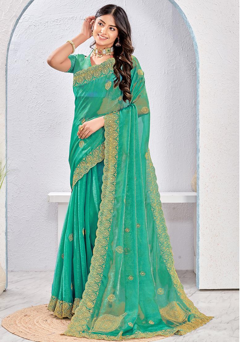 Green Sequence Work Silk Saree Set - Indya