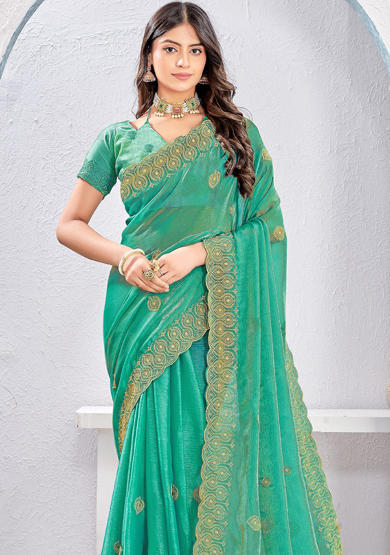 Green Sequence Work Silk Saree Set - Indya