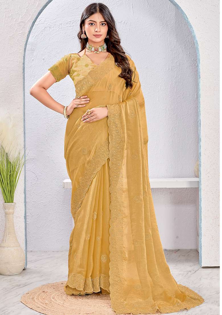 Beige Sequence Work Silk Blend Saree Set for Diwali | Wedding & Festive Wear - Indya
