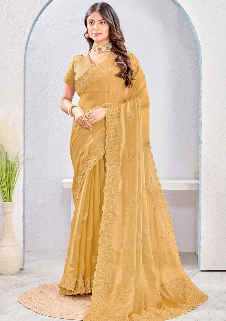 Beige Sequence Work Silk Saree Set - Indya