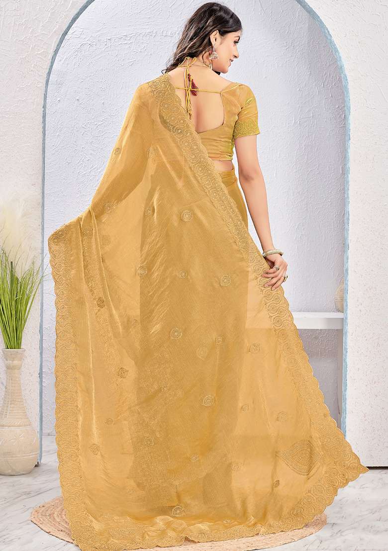 Beige Sequence Work Silk Blend Saree Set for Diwali | Wedding & Festive Wear - Indya
