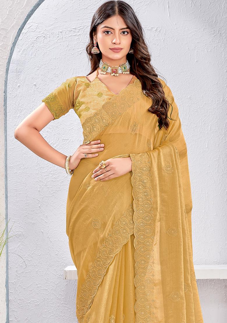 Beige Sequence Work Silk Saree Set - Indya