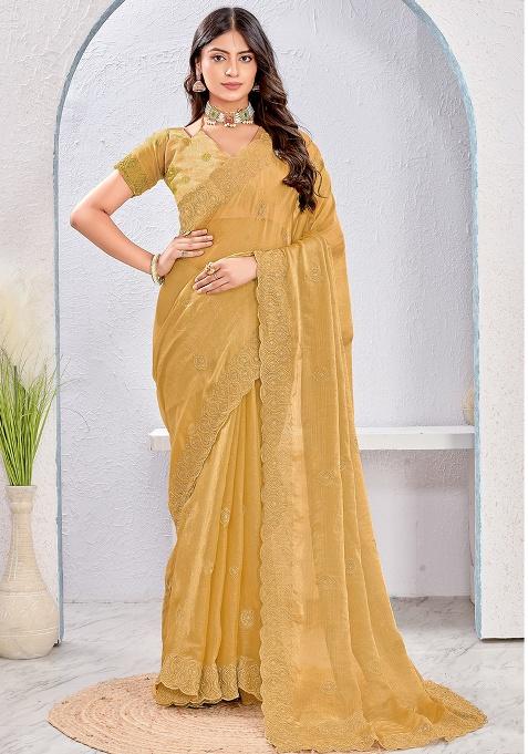 Beige Sequence Work Silk Saree Set