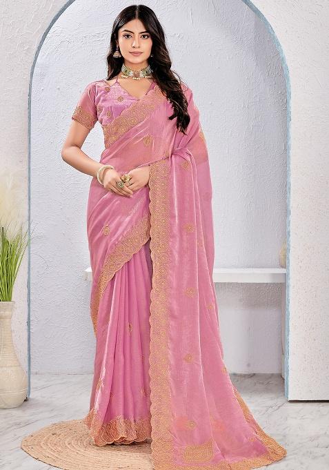 Pink Sequence Work Silk Saree Set