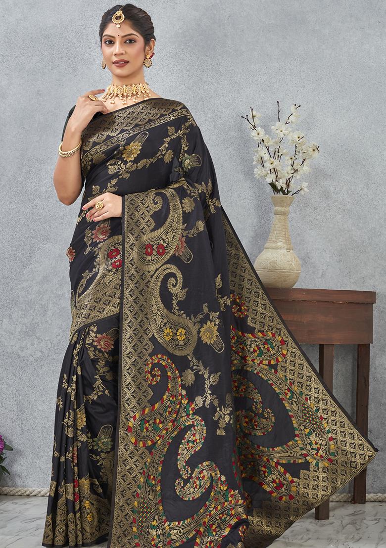 Black Zari Work Silk Saree Set - Indya