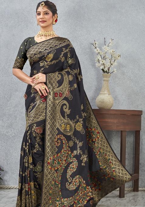 Black Zari Work Silk Saree Set