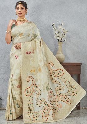 Off White Zari Work Silk Saree Set