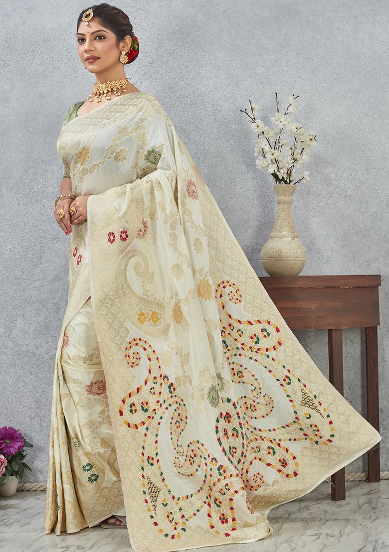 Off White Zari Work Silk Saree Set - Indya