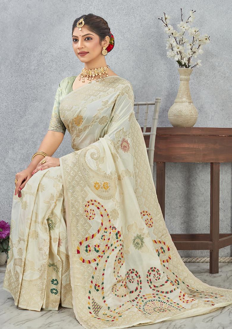 Off White Zari Work Silk Saree Set - Indya