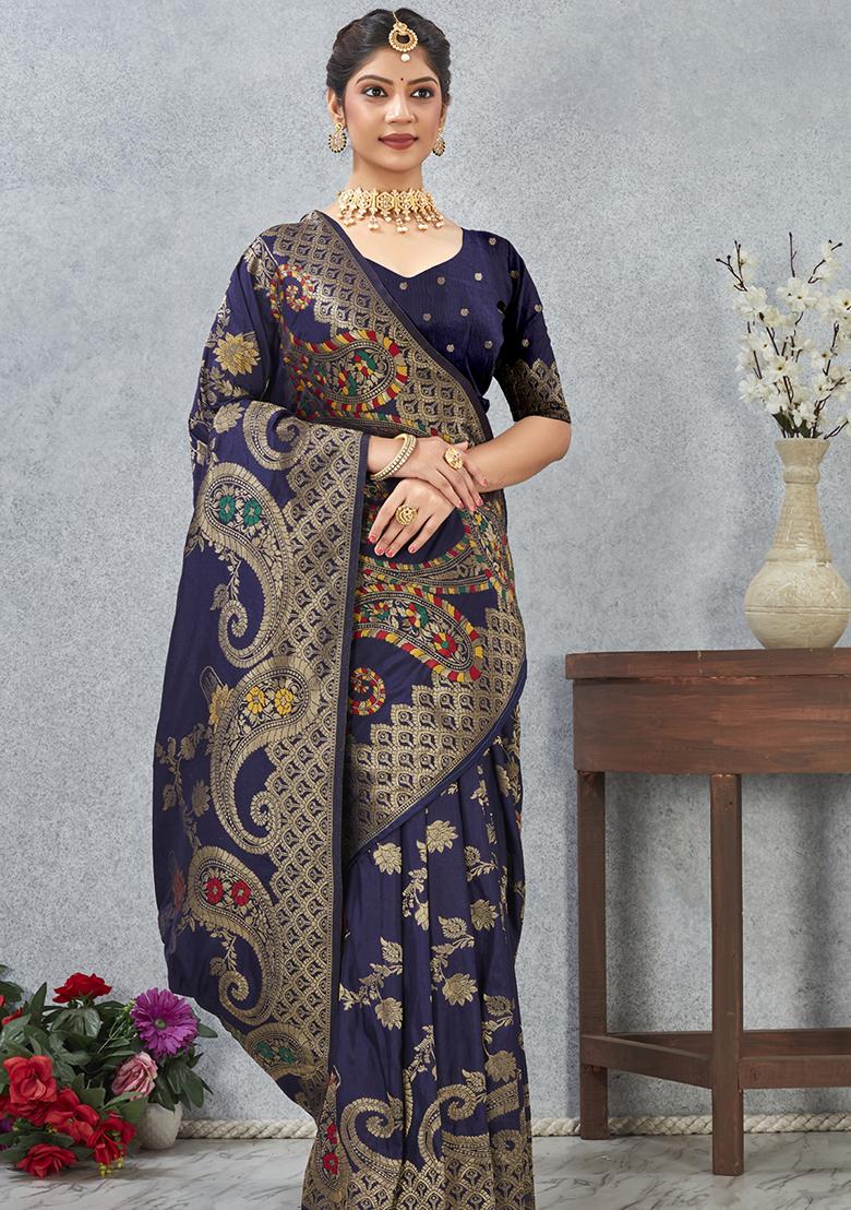 Navy Blue Zari Work Silk Saree Set - Indya