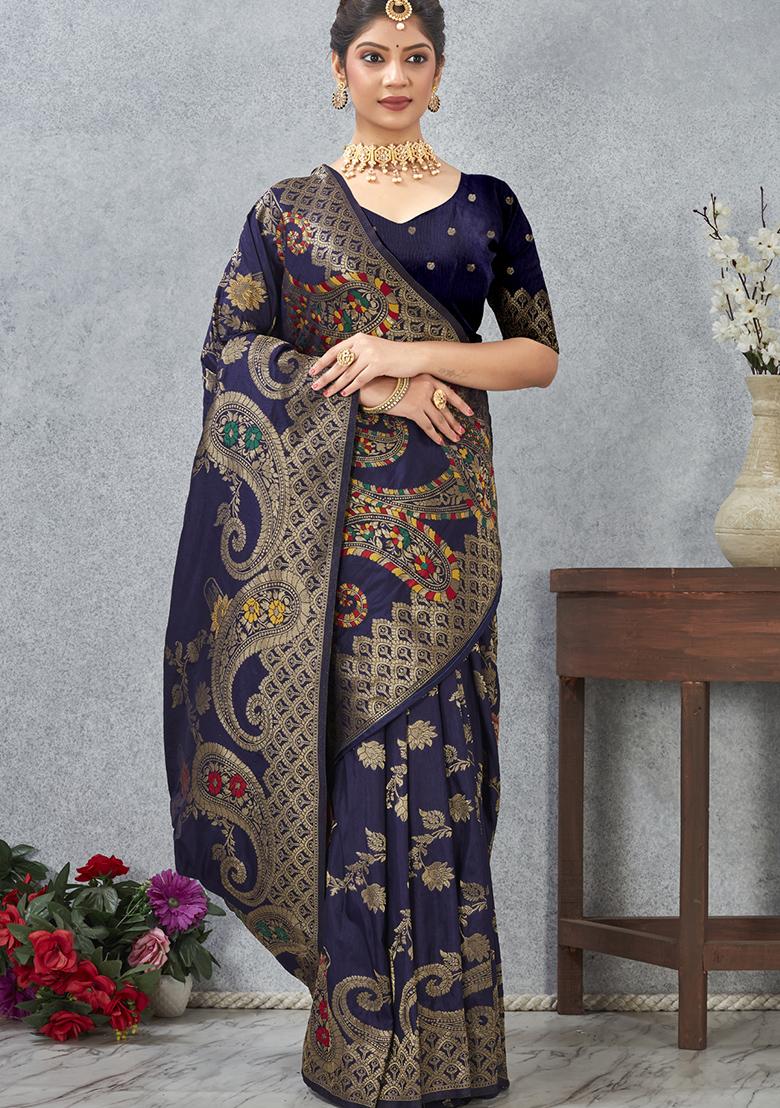 Navy Blue Zari Work Silk Saree Set - Indya