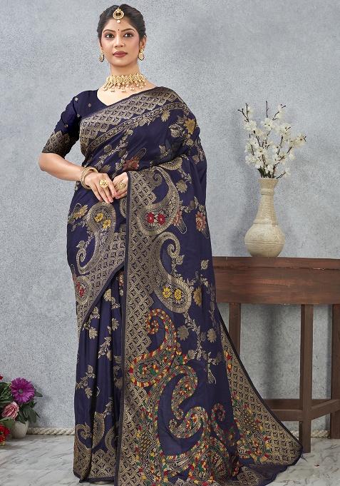 Navy Blue Zari Work Silk Saree Set