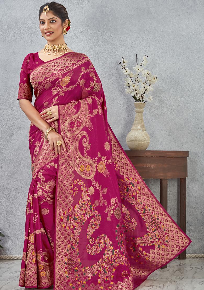 Magenta Zari Work Silk Saree Set - Indya