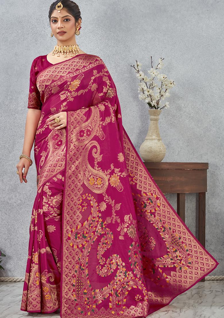 Magenta Zari Work Silk Saree Set - Indya
