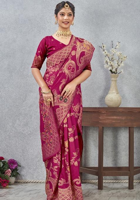 Magenta Zari Work Silk Saree Set