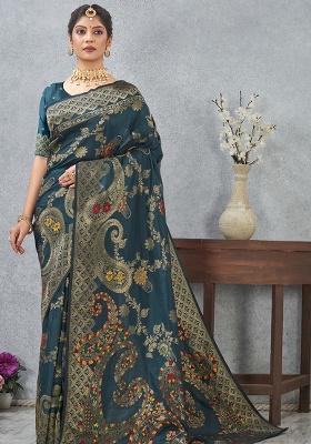 Teal Blue Zari Work Silk Saree Set
