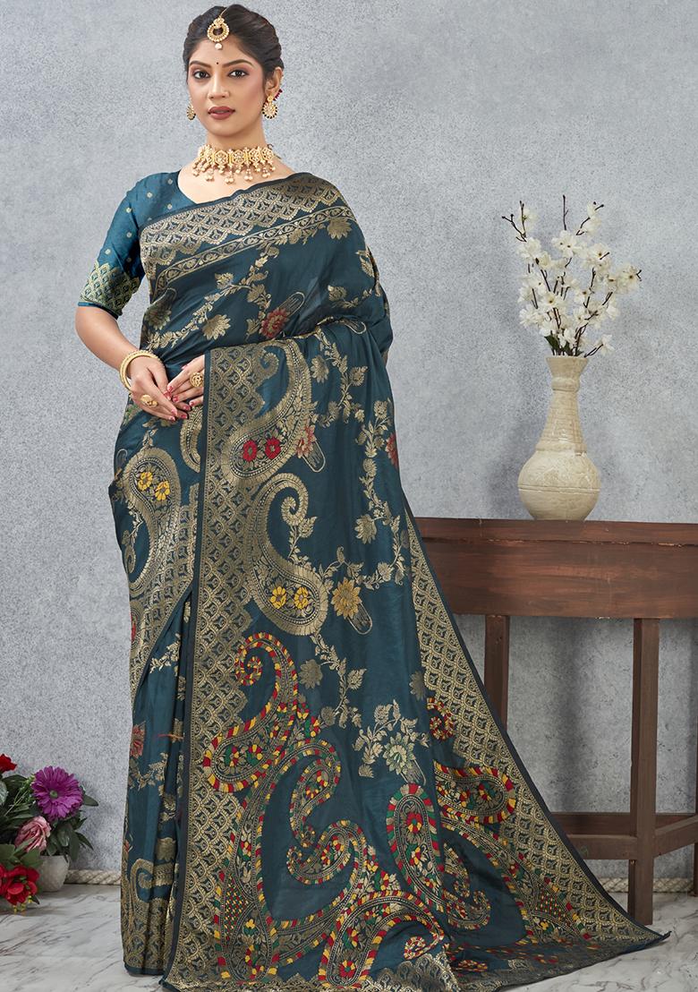 Teal Blue Zari Work Silk Saree Set - Indya