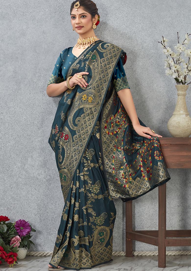 Teal Blue Zari Work Silk Saree Set - Indya