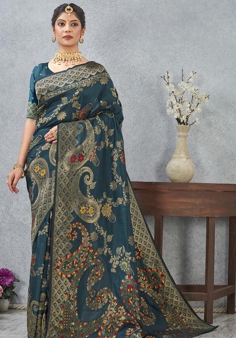 Teal Blue Zari Work Silk Saree Set