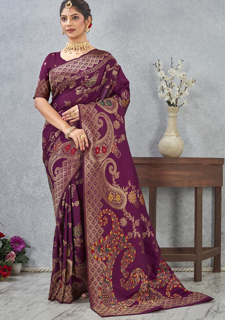 Purple Zari Work Silk Saree Set - Indya