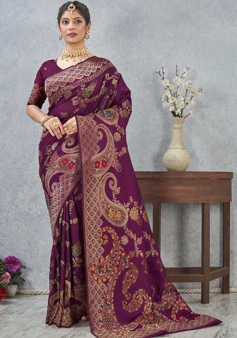 Purple Zari Work Silk Saree Set