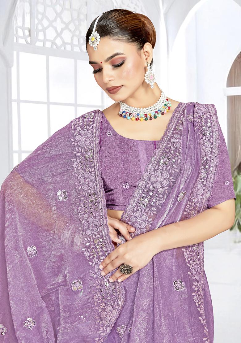 Lavender Sequence Work Silk Saree Set - Indya