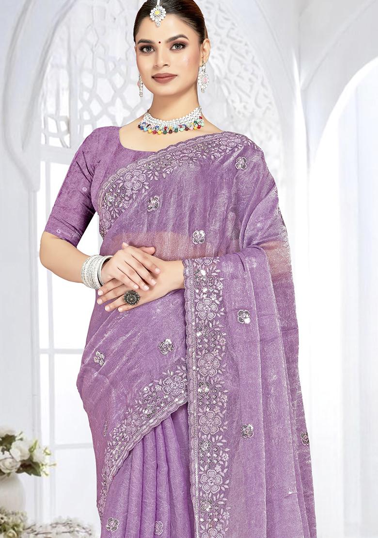 Lavender Sequence Work Silk Saree Set - Indya