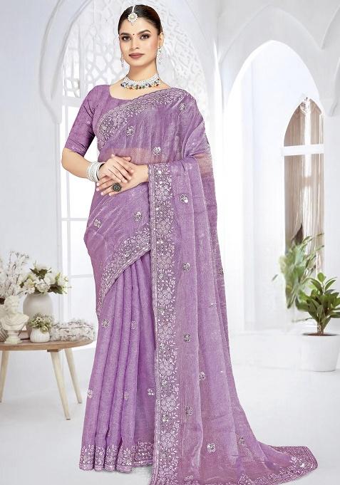 Lavender Sequence Work Silk Saree Set