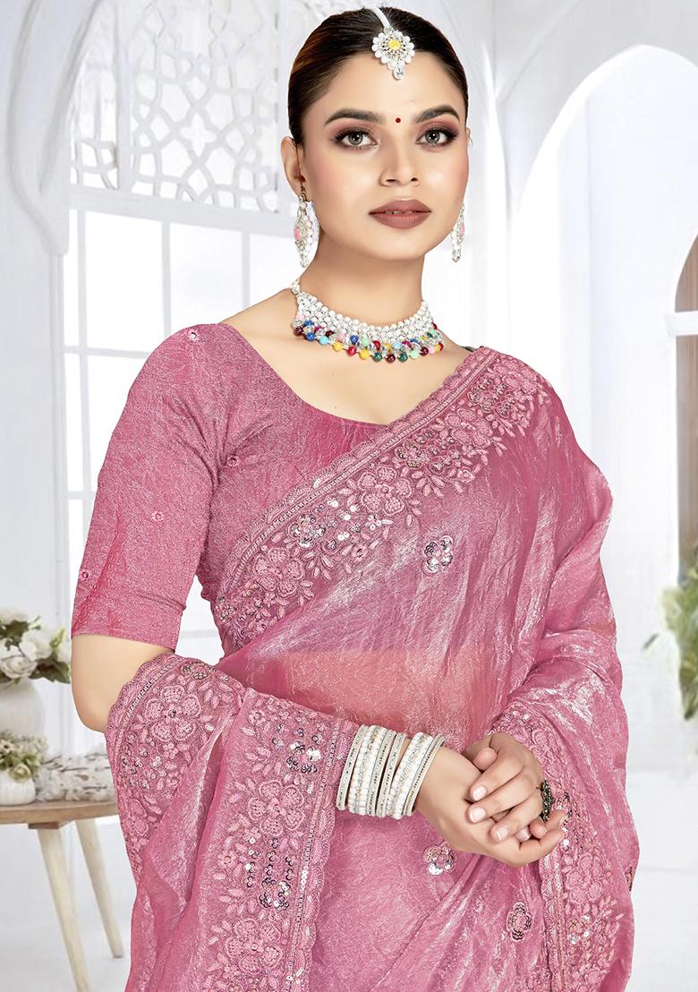 Pink Sequence Work Silk Saree Set - Indya