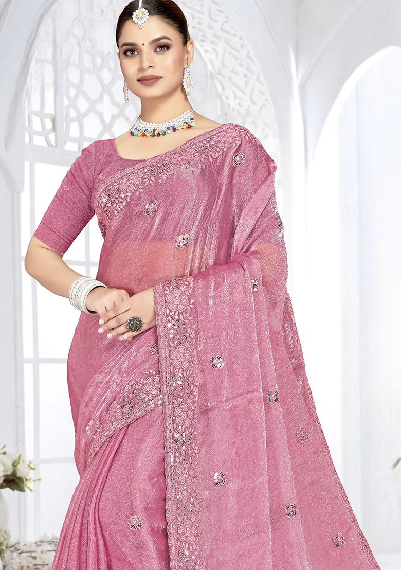Pink Sequence Work Silk Saree Set - Indya