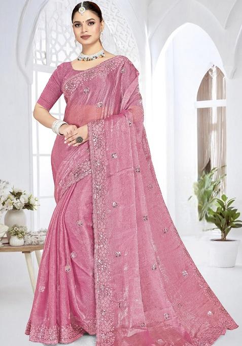 Pink Sequence Work Silk Saree Set