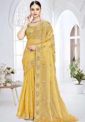 Mustard Sequence Work Silk Saree Set