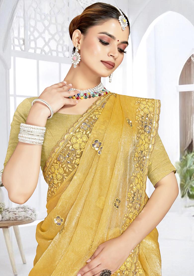 Mustard Sequence Work Silk Saree Set - Indya