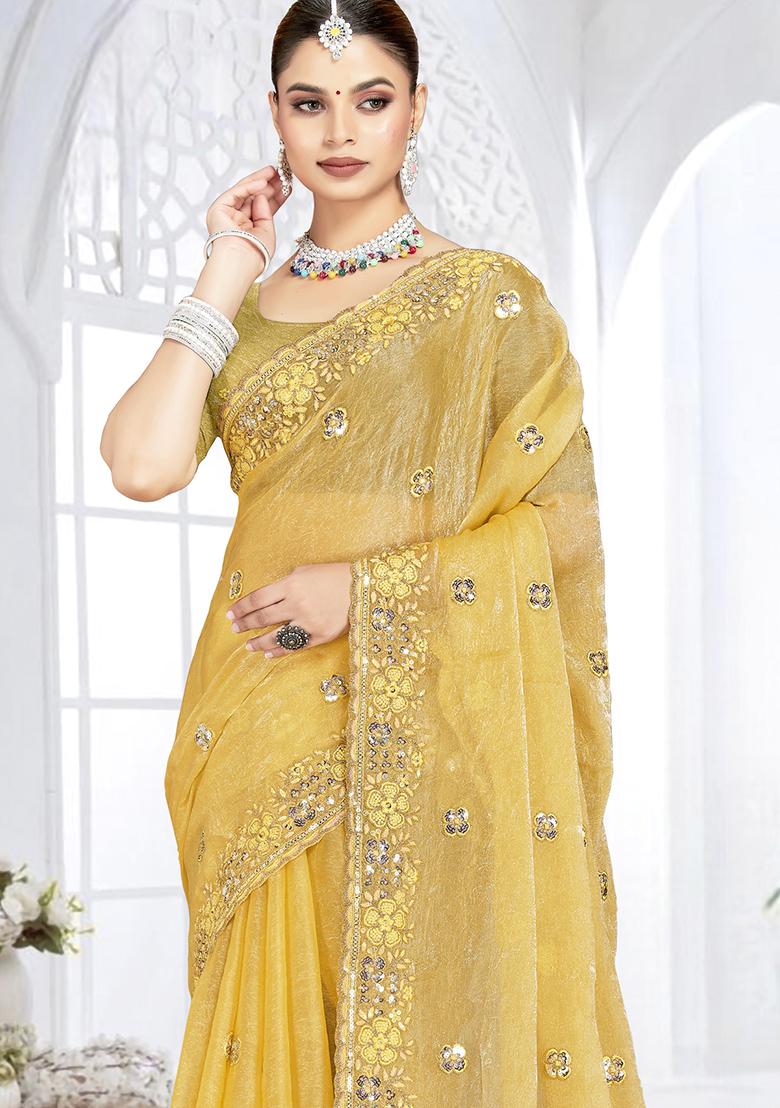 Mustard Sequence Work Silk Saree Set - Indya