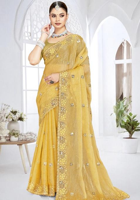 Mustard Sequence Work Silk Saree Set