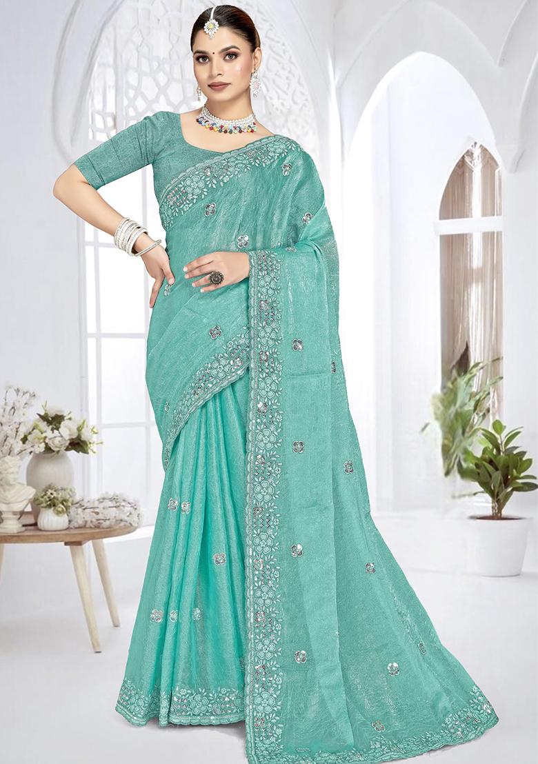 Sky Blue Sequence Work Silk Saree Set - Indya